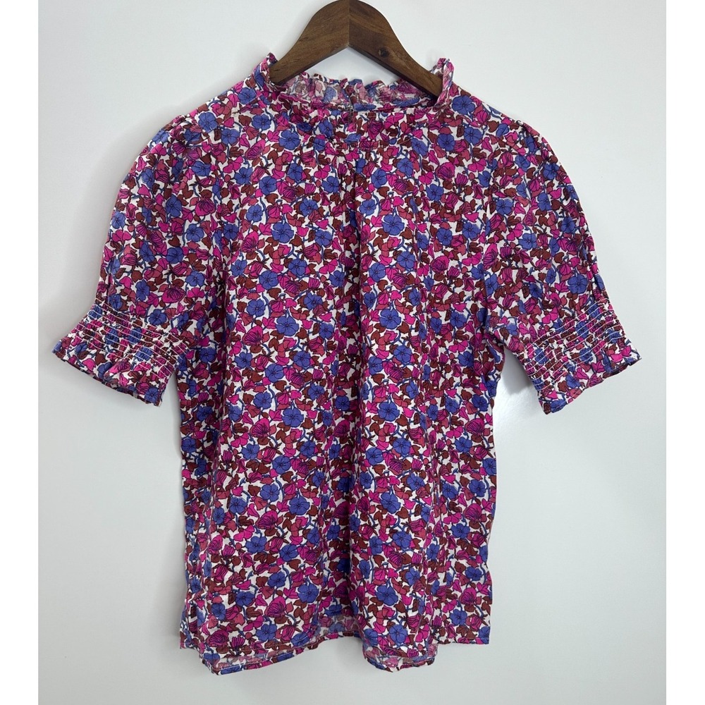 J.Crew Smocked 100% Linen Puff-Sleeve Top in Berry Floral High Neck Blouse XS - Picture 11 of 12